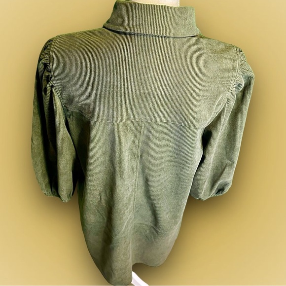 7 For All Mankind Olive Green Corduroy Puff-Sleeve Button-Down Shift Dress Sz M - Picture 9 of 14